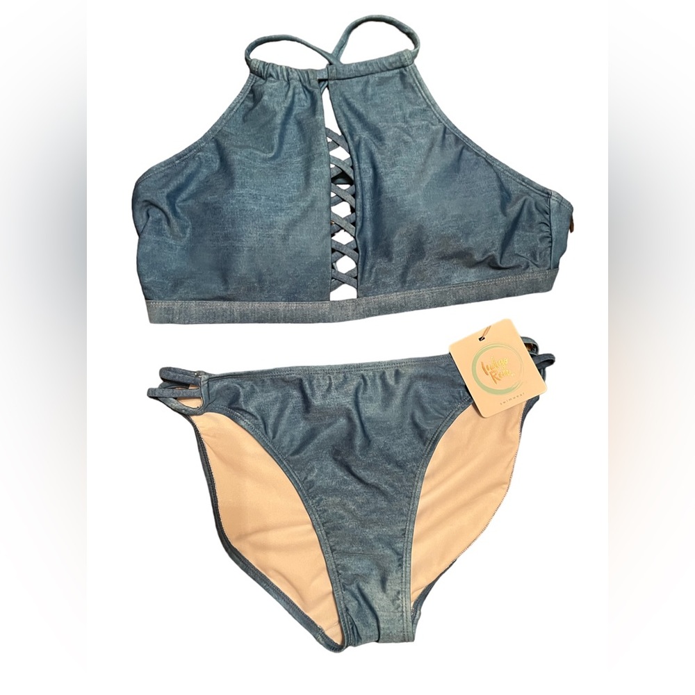 Halter top denim color bikini 2 piece set